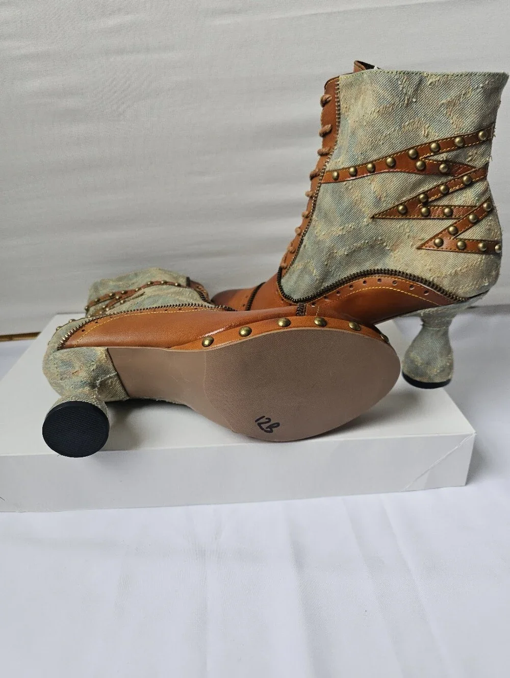 Steampunk Leather and Denim Ankle Boots with Zipper and Stud Details - Size 40